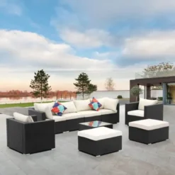 Black Sectional Outdoor Sofa Set | Luxury Patio, Backyard, Garden & Poolside Seating with Off-White Cushions