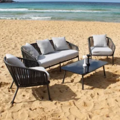 Crafttown 4-Piece Modular Rope Outdoor Sofa Set with Cushions – Black & Grey, Powder-Coated Iron Frame, Glass Top Coffee Table