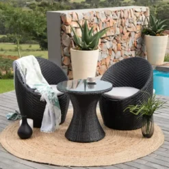 3-Piece Black Rattan Bistro Set with Off-White Cushions & Glass Top Table for Balcony, Porch, Patio & Outdoor Spaces | Crafttown