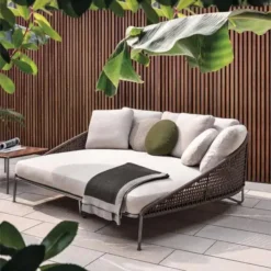 Stylish Outdoor Rope Daybed with Cream Cushions & Powder-Coated Iron Frame – All-Weather, Comfortable, and Easy to Clean