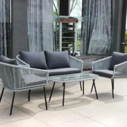 Crafttown Luxury Outdoor Sofa Set – 4-Piece Patio Furniture with Grey Cushions, Rope Accents & Coffee Table