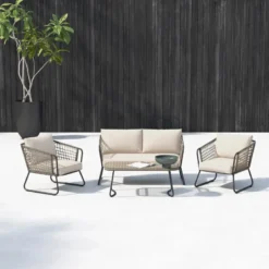 Crafttown Modern Outdoor Sofa Set – 4-Piece Patio Furniture with Grey and Cream Cushions, Rope Accents