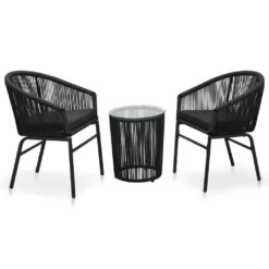 CRAFTTOWN 3-Piece Outdoor Bistro Set | Handwoven Rope Chairs & Circular Glass-Top Table | Weather-Resistant & Powder-Coated Iron Frame | Black with Waterproof Cushions