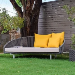 Elegant Outdoor Rope Daybed with Cream Cushions & Yellow Pillows – Powder-Coated Iron Frame