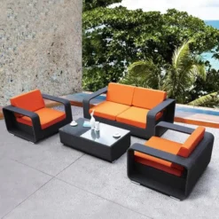 Crafttown Modular Outdoor Sectional Sofa Set – Customizable Rattan Wicker Furniture with Cushions, Glass Table, and Powder-Coated Iron Frame