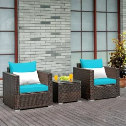 Crafttown 3-Piece Rattan Bistro Set with Cushions & Glass Table | Durable HDPE Rattan, Powder-Coated Iron Frame | Perfect for Small Spaces, Indoor & Outdoor Use