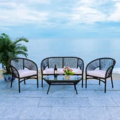 Crafttown 4-Seater Sofa Set for Outdoor & Indoor – Powder Coated Iron Frame, Cushioned Black & White Rope Design with Glass Center Table for Garden, Balcony, Living Room