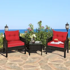 Crafttown 3-Piece Patio Set with Cushions & Glass Table | Handwoven HDPE Rattan, Powder-Coated Iron Frame | Comfortable Outdoor Furniture for Garden, Balcony & Porch