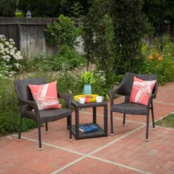 White Rattan Wicker 3-Piece Outdoor Patio Furniture Set with Cream Cushions, Powder-Coated Iron Frame & Glass Table for Garden, Poolside & Backyard