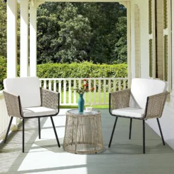 3-Piece Beige Rope Single Seater Chairs with White Cushions & Center Table for Balcony, Garden, Patio & Outdoor Spaces | Crafttown