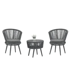3-Piece Grey Rope Chair Set with Cushions & Glass Table for Balcony, Garden, Patio & Outdoor Spaces | Crafttown