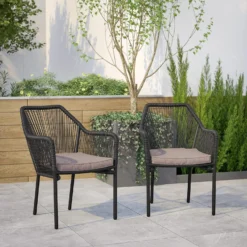 CRAFTTOWN 2 Single Seater Rope Chairs – Black Iron Frame, Brown Waterproof Cushions, Ideal for Garden, Balcony, or Indoor Use