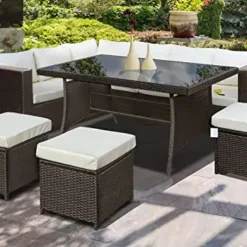 Black Wicker Outdoor Sofa Set | Luxury Patio, Poolside, and Garden Seating with Grey Cushions and Removable Glass Table
