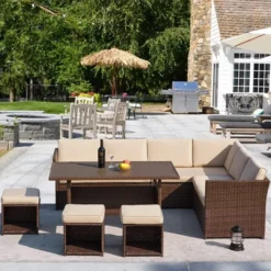 Dark Brown Wicker Outdoor Dining Sofa Set | Luxury Garden, Patio, and Poolside Seating with Cream Cushions and Wood Table