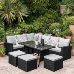Black Wicker Outdoor Sofa Set | Luxury Garden, Patio, and Poolside Seating with Grey Cushions