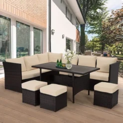 Dark Brown Rattan Wicker L-Shaped Sofa Set | Luxury Patio, Porch, Poolside & Sunroom Seating with Cream Cushions