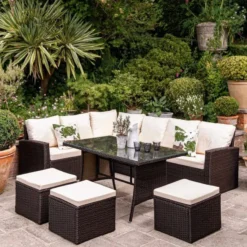 Dark Brown Rattan Wicker L-Shaped Outdoor Sofa Set | Luxury Garden, Patio, Poolside & Terrace Seating with Cream Cushions