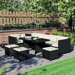Black Wicker L-Shaped Sofa Set | Luxury Living Room, Patio, and Poolside Seating with Cream Cushions and Removable Glass Table