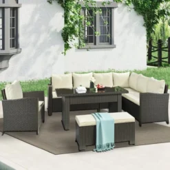 Dark Brown L-Shaped Outdoor Sofa Set | Luxury Patio, Balcony, and Poolside Seating with Cream Cushions