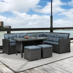 Dark Brown L-Shaped Outdoor Sofa Set | Luxury Patio, Balcony, Garden & Poolside Seating with Cyan Blue Cushions
