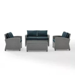 Premium Designer Silver Grey Rattan Outdoor Sectional Sofa Set with Storage Table | Luxury Garden, Balcony, Patio & Poolside Seating with Navy Blue Cushions