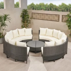 Dark Brown Scalloped Outdoor Sofa Set | Luxury Garden, Backyard & Poolside Seating with Light Cream Cushions