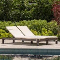 Dark Brown Wicker Chaise Lounge Set | Luxury Patio, Poolside & Garden Seating with Cream Cushions