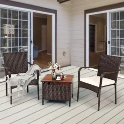 3-Piece Rattan Patio Furniture Set (Dark Brown/White)