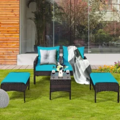 Crafttown 5-Piece Modular Rattan Wicker Conversation Set with Sky Blue Cushions, Powder-Coated Iron Frame, Ottomans, and Table for Outdoor/Indoor Use