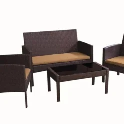 Premium Designer Dark Brown Rattan Outdoor Sectional Sofa Set | Luxury Garden, Patio, Poolside & Porch Seating with Cream Cushions