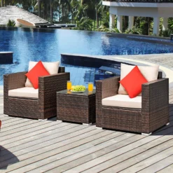Crafttown 3-Piece Rattan Sofa Set with Cushions & Glass Coffee Table | Outdoor Patio Furniture Set | Durable HDPE Wicker & Powder-Coated Iron Frame