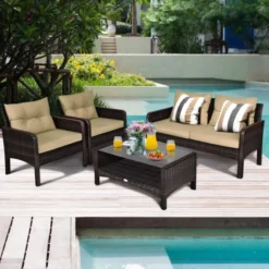 Premium Designer Dark Brown Rattan Outdoor Sectional Sofa Set | Luxury Garden, Patio, Balcony & Poolside Seating with Cream Cushions and Storage Table