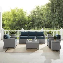 Premium Designer Silver Rattan 5-Piece Outdoor Sectional Sofa Set | Luxury Patio, Garden & Poolside Seating with Navy Blue Cushions and Glass Center Table