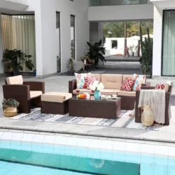 Dark Brown Wicker Outdoor Sofa Set | Luxury Patio, Garden, Porch & Poolside Seating with Cream Cushions & Glass Center Table