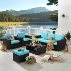 Dark Brown Wicker Sectional Sofa Set | Luxury Patio, Garden, Porch & Poolside Seating with Sky-Blue Cushions & Scratch-Proof Glass Table