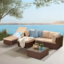Premium Designer Dark Brown Rattan Lounge Sofa Set with Adjustable Reclining Chaise Lounge | Luxury Patio, Garden, Poolside & Backyard Seating with Cream Cushions