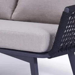 3-Piece Black Rope Sofa Set with Grey Cushions & Glass Table for Garden, Balcony, Patio & Indoor Spaces | Crafttown