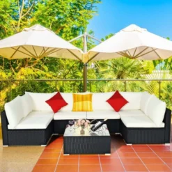 Black Rattan Wicker Sectional Sofa Set | Luxury Garden, Patio, Poolside & Backyard Seating with White Cushions