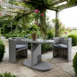 Grey Rattan Wicker 3-Piece Bistro Set with Powder-Coated Iron Frame & Cushions for Patio, Balcony, Garden & Poolside