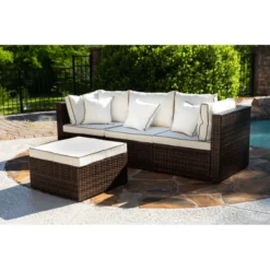 HDPE Wicker Rattan 4-Piece Outdoor L-Shape Sectional Sofa Set and Glass Top Center Table (Dark Brown & White)