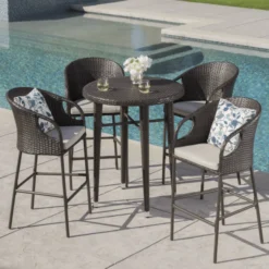 Dark Brown Rattan Outdoor Bar Set | Luxury Patio, Garden, Balcony & Poolside Seating with Off-White Cushions