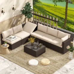 Dark Brown Wicker Sectional Sofa Set | Luxury Patio, Porch & Poolside Seating with Cream Cushions & Reclining Corners