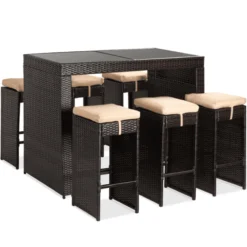 Dark Brown Rattan 7-Piece Outdoor Dining Set | Luxury Patio, Garden & Balcony Seating with Cream Cushions