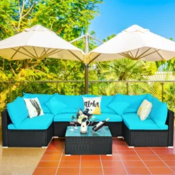 Black Wicker Sectional Sofa Set | Luxury Patio, Garden & Poolside Seating with Turquoise Blue Cushions