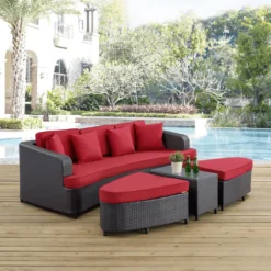 Dark Brown Wicker Outdoor Sectional Sofa Set | Luxury Garden, Poolside & Patio Seating with Red Cushions