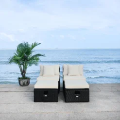 Crafttown 4-Piece Black Rattan Outdoor/Indoor Patio Conversation Set with Cream Waterproof Cushions, Powder-Coated Iron Frame, Removable Cushion Covers & Ottoman for Garden, Living Room & Backyard