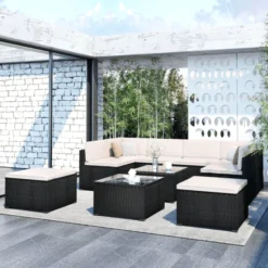Black Sectional Sofa Set | Luxury Indoor & Outdoor Patio, Garden, and Backyard Seating with White Cushions