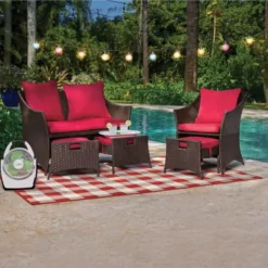 Dark Brown Rattan Wicker Sofa Set | Luxury Living Room, Lounge & Sitting Room Seating with Red Cushions