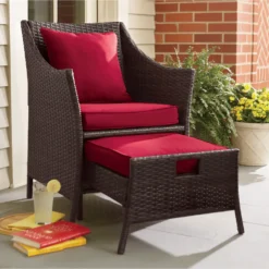 Crafttown 2-Piece Rattan Wicker Patio Set with Red Cushions, Dark Brown Frame, and Comfortable Ottoman – Perfect for Garden, Balcony & Living Room