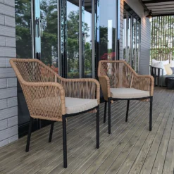 CRAFTTOWN 2-Piece Single Seater Rope Chairs | Handwoven Outdoor & Indoor Seating | Powder-Coated Iron Frame | Space-Saving & Weather-Resistant Design | Beige with Cream Cushions